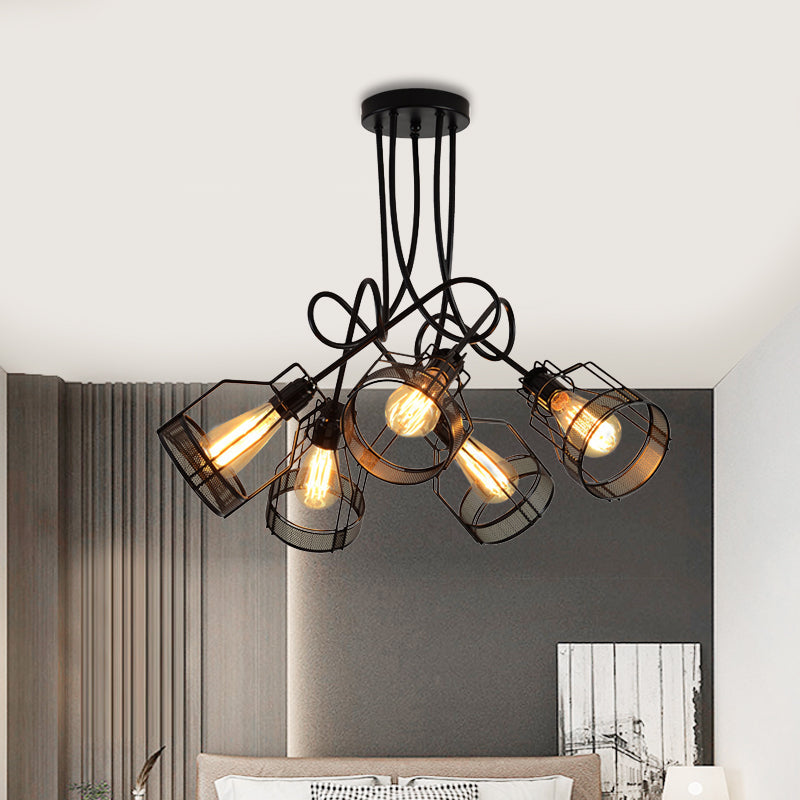 Black 5 Heads Semi Flush Mount Chandelier Industrial Iron Cluster-Bottle Frame Ceiling Light Clearhalo 'Ceiling Lights' 'Close To Ceiling Lights' 'Close to ceiling' 'Semi-flushmount' Lighting' 1030387