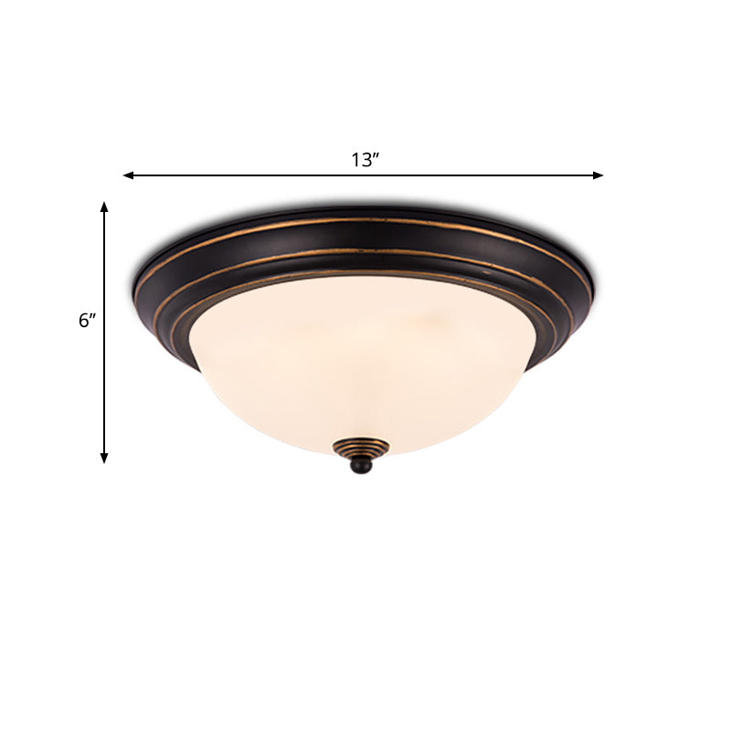 Countryside Semi-Sphere Flush Ceiling Light Milky Glass LED Flush Mount Lighting in Black for Study Room, 13