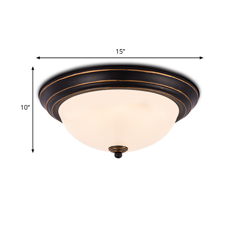 Countryside Semi-Sphere Flush Ceiling Light Milky Glass LED Flush Mount Lighting in Black for Study Room, 13