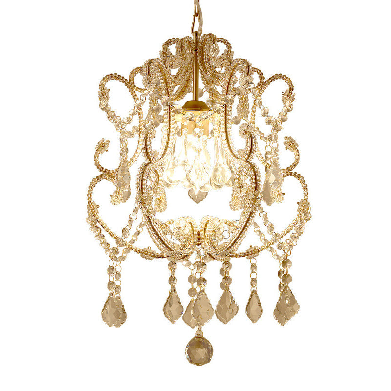 Gold Finish 1 Light Suspension Light Traditional Crystal Beads Scroll Arm Ceiling Pendant Lamp Clearhalo 'Ceiling Lights' 'Pendant Lights' 'Pendants' Lighting' 1031105