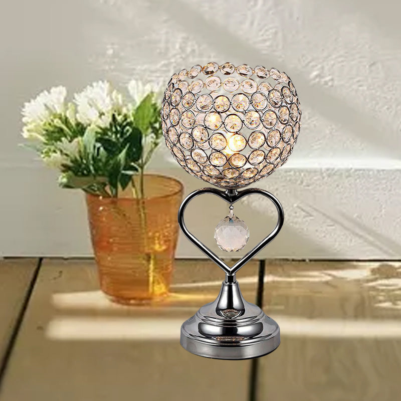 Chrome Domed Night Lamp Modernist 1-Light Crystal Encrusted Table Light with Loving Heart Detail Chrome Clearhalo 'Lamps' 'Table Lamps' Lighting' 1031143