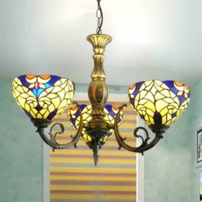 Tiffany Style Chandelier Living Room Lamp, 3 Lights Art Glass Pendant Lighting in Aged Brass with Bell Shade Yellow Clearhalo 'Ceiling Lights' 'Chandeliers' 'Industrial' 'Middle Century Chandeliers' 'Tiffany Chandeliers' 'Tiffany close to ceiling' 'Tiffany' Lighting' 10315