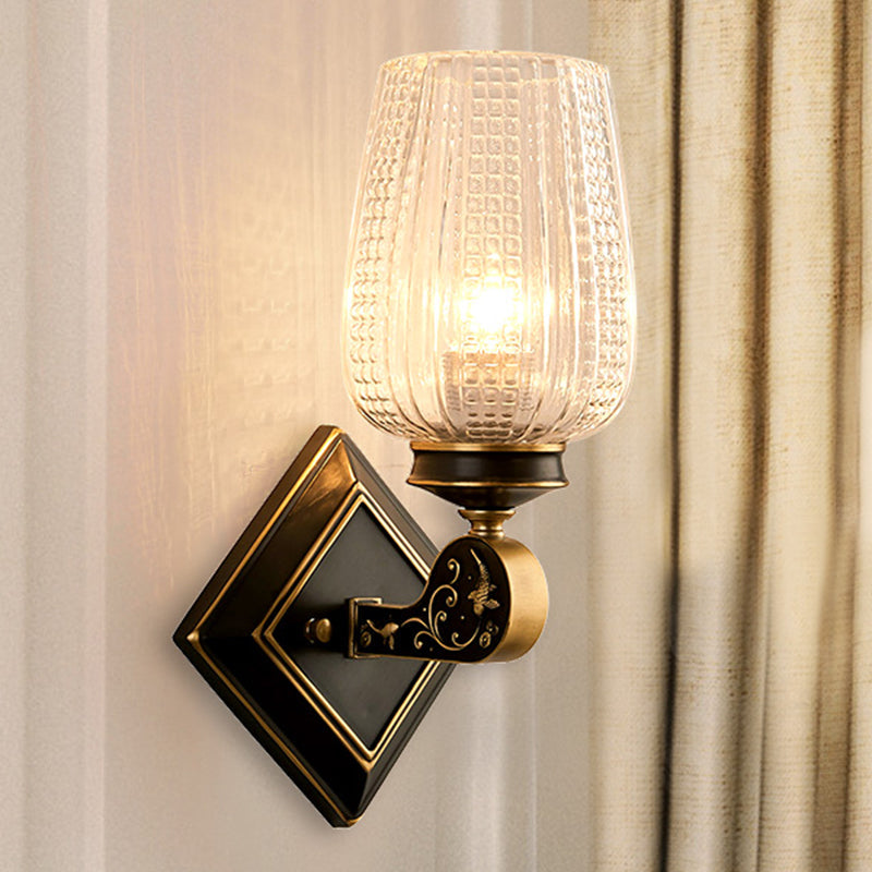 Prismatic Glass Cup-Like Sconce Light Minimalism 1 Bulb Living Room Wall Mounted Lamp with Rhombus Backplate in Black and Gold Black-Gold Clearhalo 'Wall Lamps & Sconces' 'Wall Lights' Lighting' 1031566