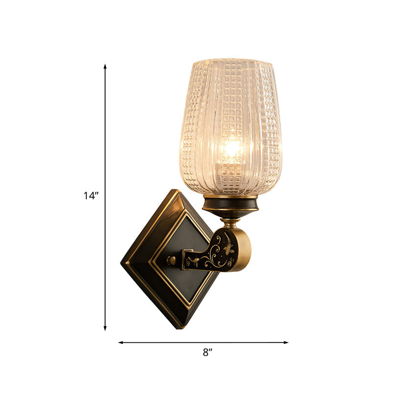 Prismatic Glass Cup-Like Sconce Light Minimalism 1 Bulb Living Room Wall Mounted Lamp with Rhombus Backplate in Black and Gold Clearhalo 'Wall Lamps & Sconces' 'Wall Lights' Lighting' 1031569