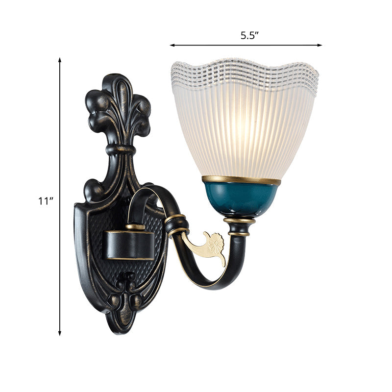 1/2-Head Scalloped Pleated Wall Mount Lamp Traditional Black Ribbed Glass Sconce Light with Curvy Arm Clearhalo 'Wall Lamps & Sconces' 'Wall Lights' Lighting' 1031573