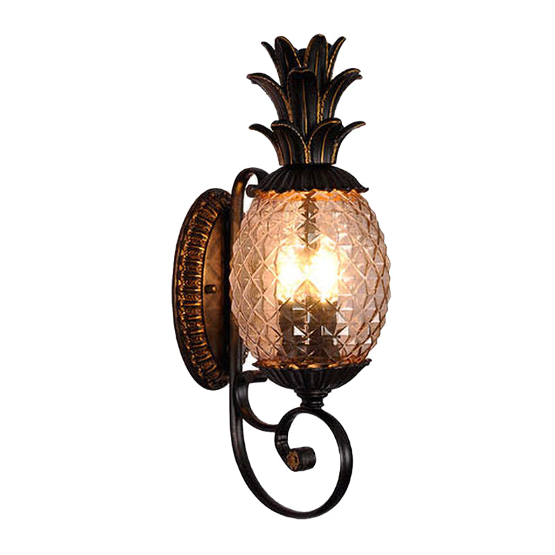 Black 3-Light Wall Sconce Vintage Lattice Glass Pineapple Shape Wall Mount Lighting with Swirled Arm Clearhalo 'Wall Lamps & Sconces' 'Wall Lights' Lighting' 1031585