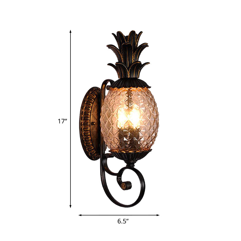 Black 3-Light Wall Sconce Vintage Lattice Glass Pineapple Shape Wall Mount Lighting with Swirled Arm Clearhalo 'Wall Lamps & Sconces' 'Wall Lights' Lighting' 1031586