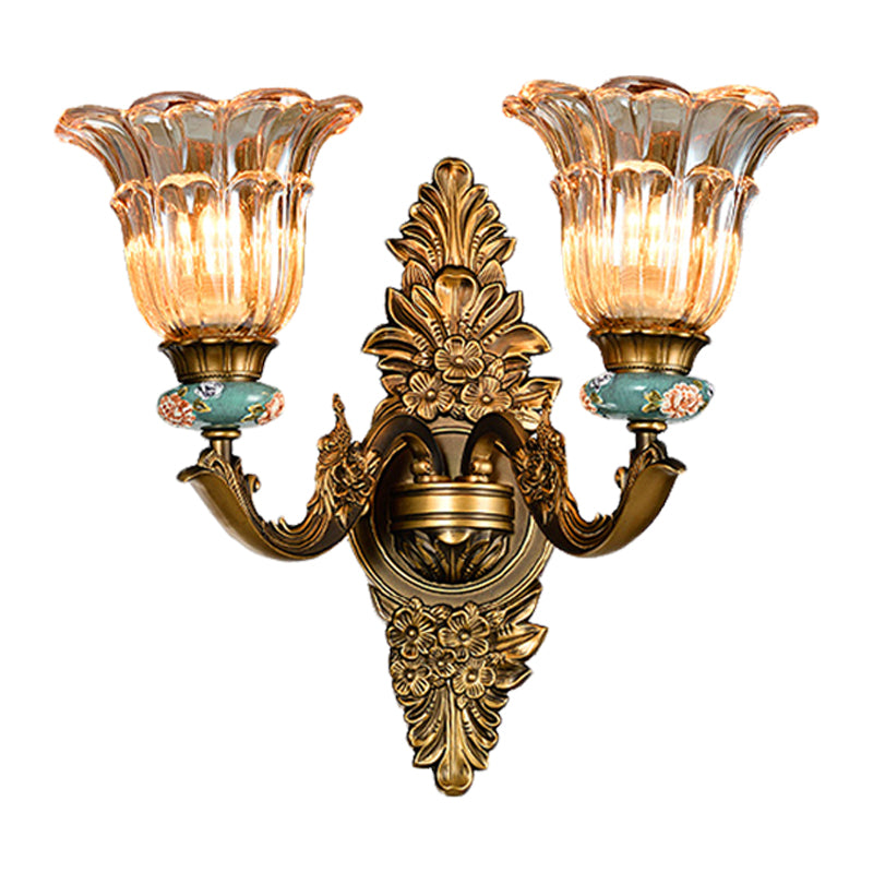 Brass 1/2 Heads Sconce Light Retro Style Ribbed Glass Flower Wall Mount Lamp with Swooping Arm Clearhalo 'Wall Lamps & Sconces' 'Wall Lights' Lighting' 1031594