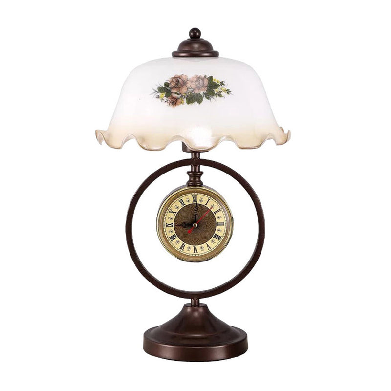 Rust 1 Head Pleated Table Light Vintage Opaline Glass Dome Reading Book Lamp with Ring and Clock Clearhalo 'Lamps' 'Table Lamps' Lighting' 1031654