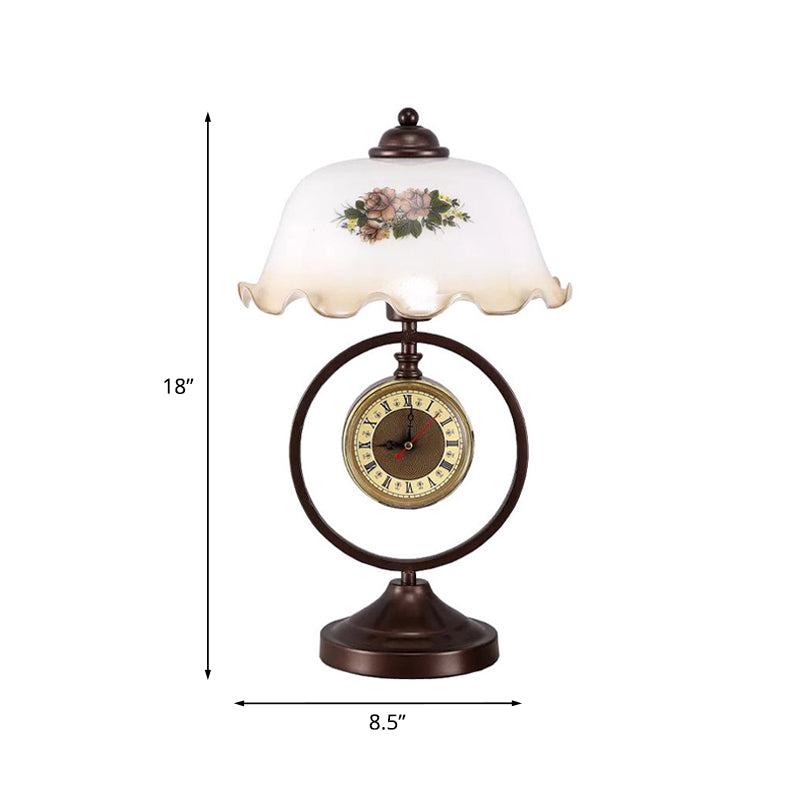 Rust 1 Head Pleated Table Light Vintage Opaline Glass Dome Reading Book Lamp with Ring and Clock Clearhalo 'Lamps' 'Table Lamps' Lighting' 1031655