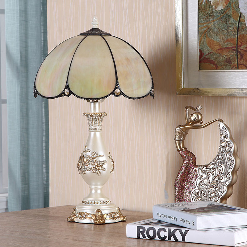 1-Head Glossy Glass Scalloped Night Lamp Classic Beige Bowl Bedroom Reading Light with Carved Vase Pedestal Beige Clearhalo 'Lamps' 'Table Lamps' Lighting' 1031664