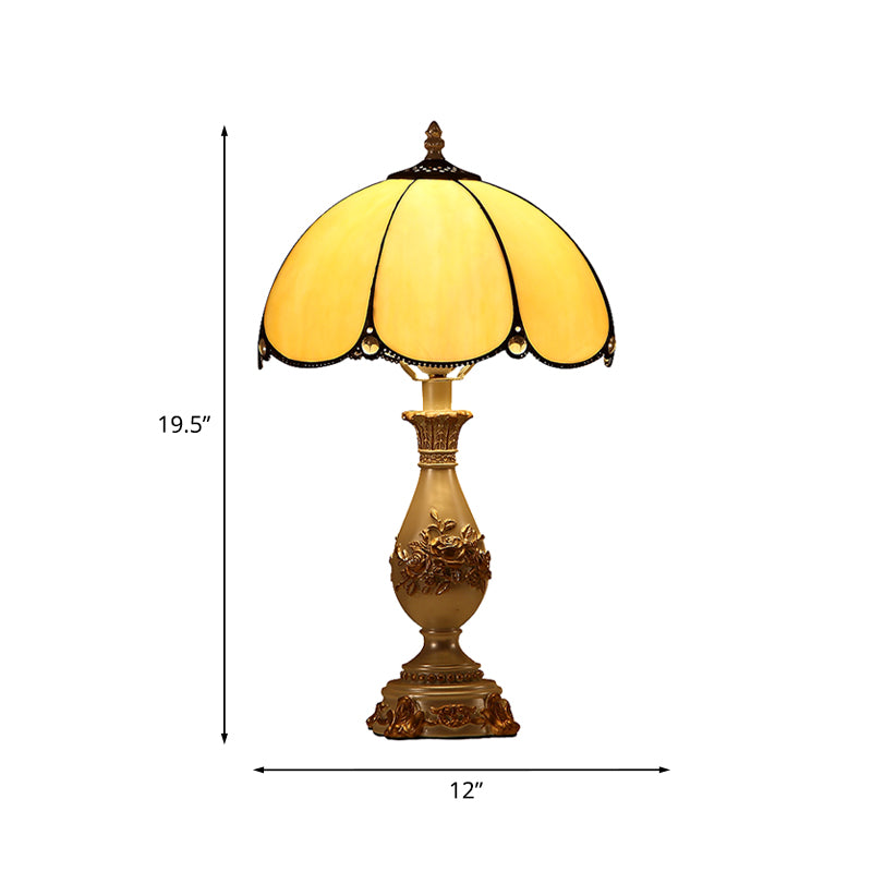 1-Head Glossy Glass Scalloped Night Lamp Classic Beige Bowl Bedroom Reading Light with Carved Vase Pedestal Clearhalo 'Lamps' 'Table Lamps' Lighting' 1031667