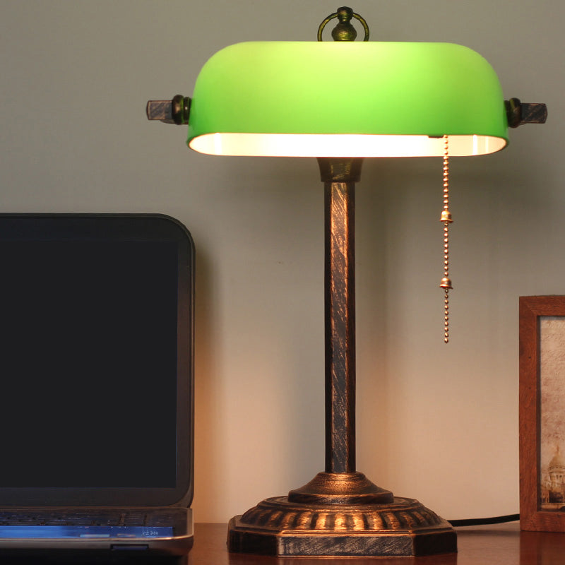 Bronze Rectangle Nightstand Light Traditional Green Glass 1 Bulb Bedroom Reading Book Lamp with Pull Chain Clearhalo 'Lamps' 'Table Lamps' Lighting' 1031677