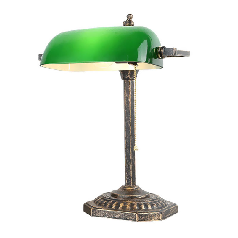 Bronze Rectangle Nightstand Light Traditional Green Glass 1 Bulb Bedroom Reading Book Lamp with Pull Chain Clearhalo 'Lamps' 'Table Lamps' Lighting' 1031678