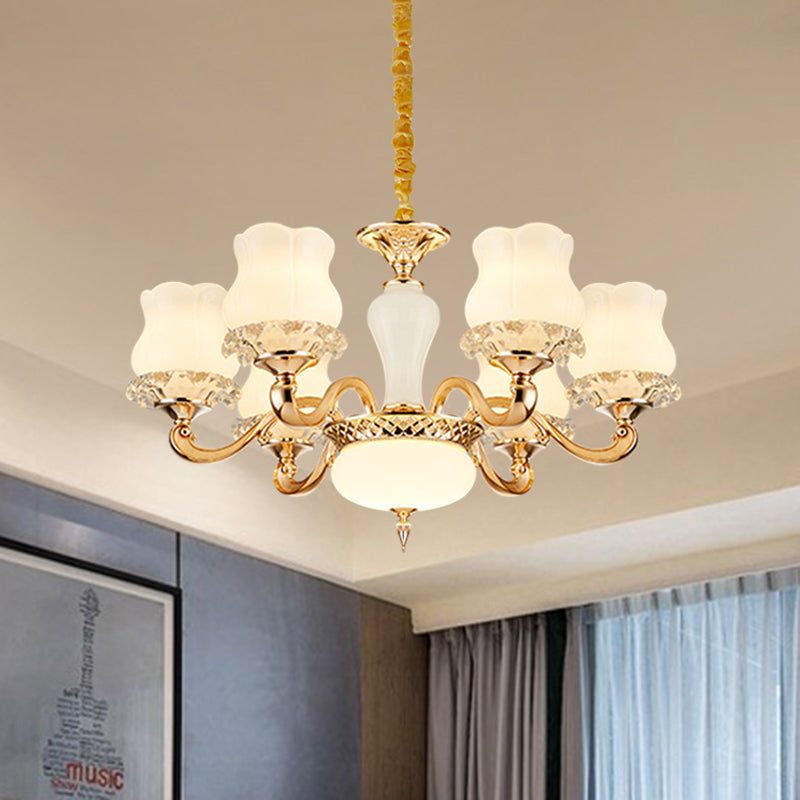 Vintage Flower Suspension Lamp 6/8 Lights Milky Glass Chandelier Lighting with Swooping Arm in Gold for Bedroom Clearhalo 'Ceiling Lights' 'Chandeliers' Lighting' options 1031727