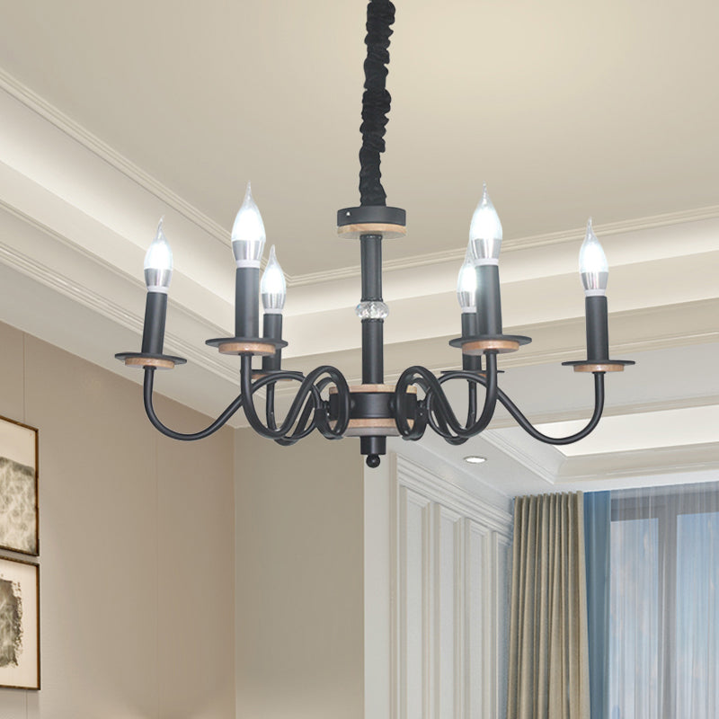 Vintage Candle Shape Pendant Chandelier 6 Heads Metallic Swooping Arm Suspension Lighting in Black for Living Room Clearhalo 'Ceiling Lights' 'Chandeliers' Lighting' options 1031807