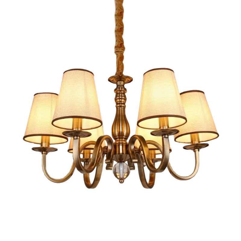 Vintage Cone Suspension Light 6/8 Bulbs Fabric Hanging Chandelier with Curving Arm in Brass for Living Room Clearhalo 'Ceiling Lights' 'Chandeliers' Lighting' options 1031833
