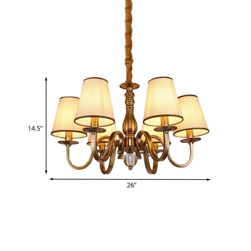 Vintage Cone Suspension Light 6/8 Bulbs Fabric Hanging Chandelier with Curving Arm in Brass for Living Room Clearhalo 'Ceiling Lights' 'Chandeliers' Lighting' options 1031834