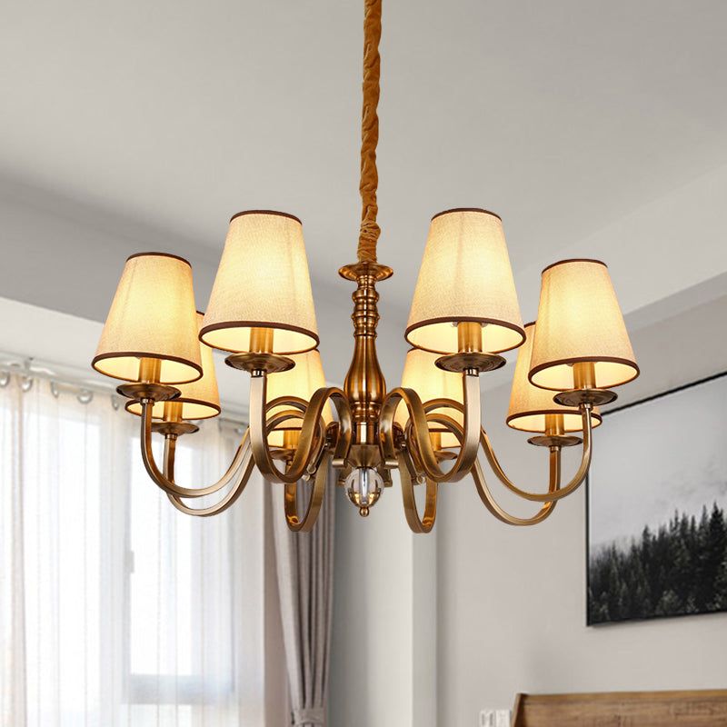 Vintage Cone Suspension Light 6/8 Bulbs Fabric Hanging Chandelier with Curving Arm in Brass for Living Room Clearhalo 'Ceiling Lights' 'Chandeliers' Lighting' options 1031835