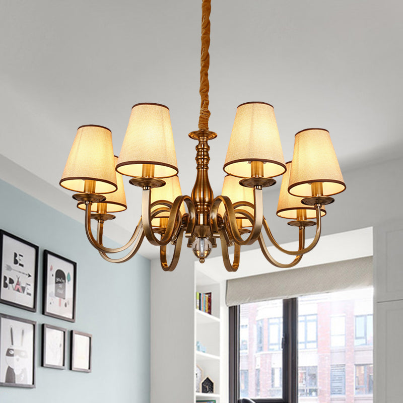 Vintage Cone Suspension Light 6/8 Bulbs Fabric Hanging Chandelier with Curving Arm in Brass for Living Room Clearhalo 'Ceiling Lights' 'Chandeliers' Lighting' options 1031836