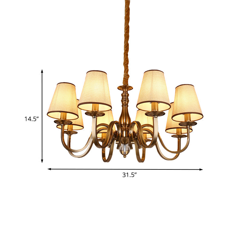 Vintage Cone Suspension Light 6/8 Bulbs Fabric Hanging Chandelier with Curving Arm in Brass for Living Room Clearhalo 'Ceiling Lights' 'Chandeliers' Lighting' options 1031839