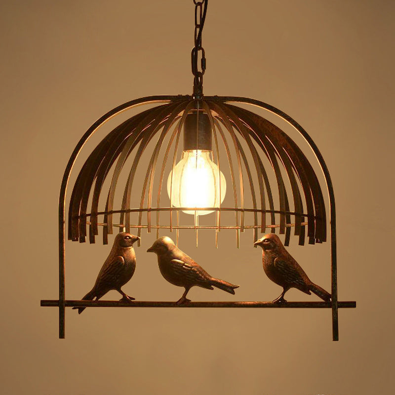 Single Head Ceiling Light Countryside Cage Style Metallic Hanging Lamp Kit with Bird Decoration in Bronze Clearhalo 'Ceiling Lights' 'Pendant Lights' 'Pendants' Lighting' 1031842