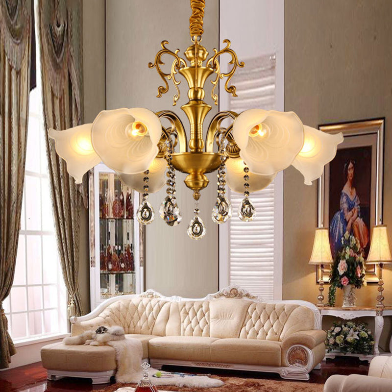 Vintage Floral Shade Ceiling Pendant Light Crystal Orbs 6 Heads Hanging Chandelier in Brass Brass Clearhalo 'Ceiling Lights' 'Chandeliers' Lighting' options 1031868_d04f696e-7aea-4aca-898d-5341f03f69b0