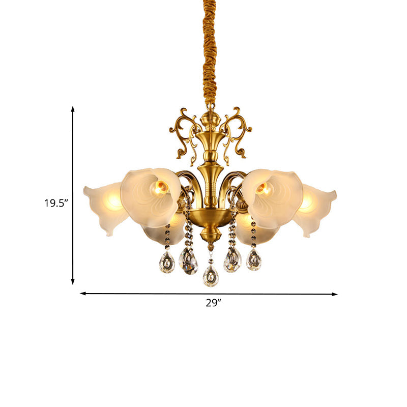 Vintage Floral Shade Ceiling Pendant Light Crystal Orbs 6 Heads Hanging Chandelier in Brass Clearhalo 'Ceiling Lights' 'Chandeliers' Lighting' options 1031871