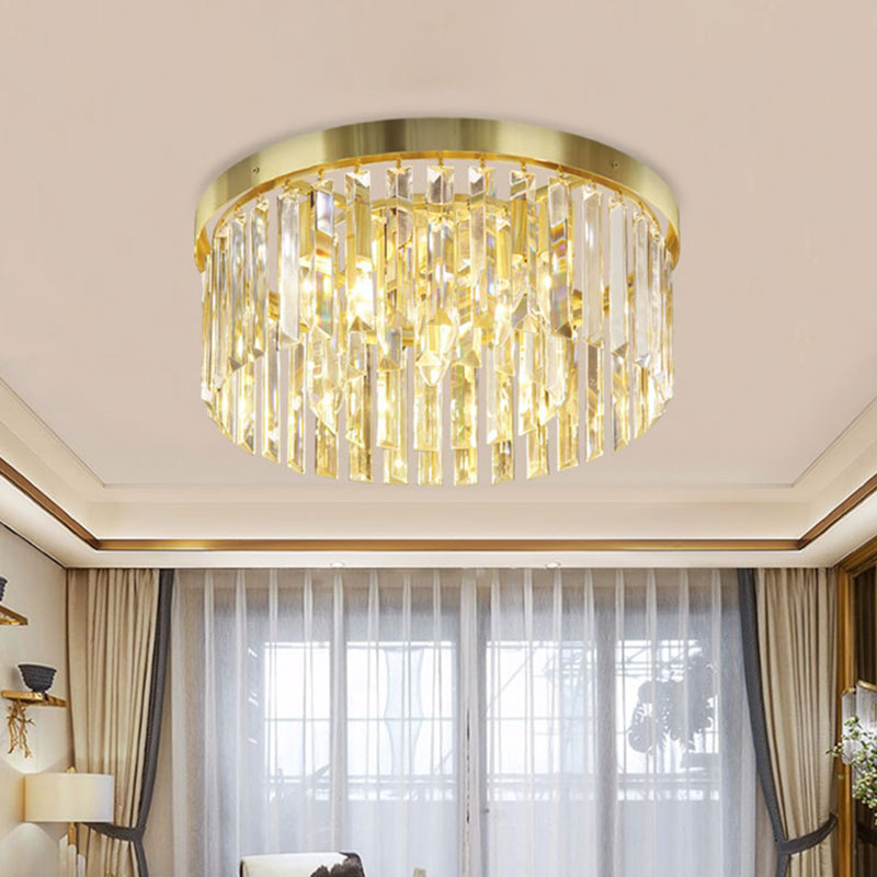 6 Bulbs Crystal Block Flush Mount Lamp Simplicity Brass Drum Guest Room Ceiling Light Fixture Clearhalo 'Ceiling Lights' 'Close To Ceiling Lights' 'Close to ceiling' 'Flush mount' Lighting' 1031913