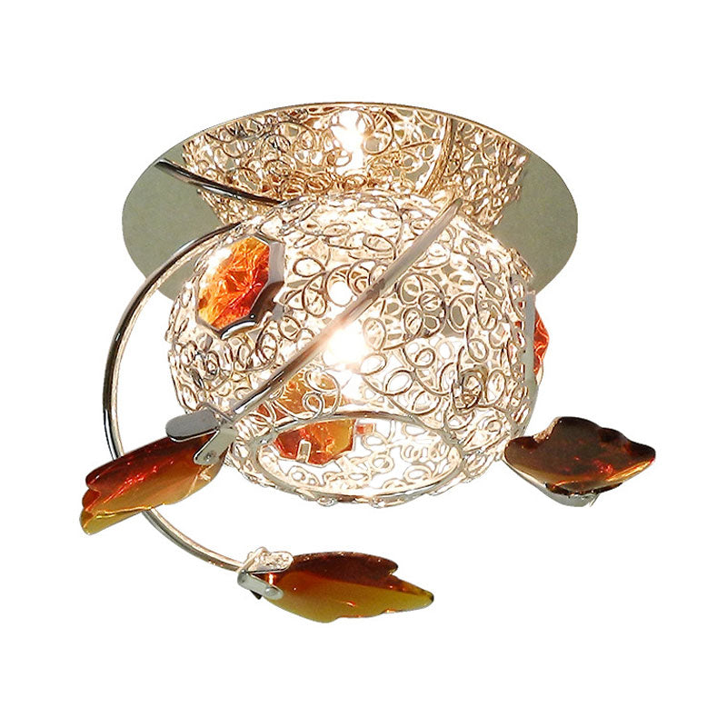 Leaf Corridor Flushmount Light Modernism Faceted Tan Crystal 1 Light Lighting Fixture with Globe Cage Shade Clearhalo 'Ceiling Lights' 'Close To Ceiling Lights' 'Close to ceiling' 'Flush mount' Lighting' 1031926