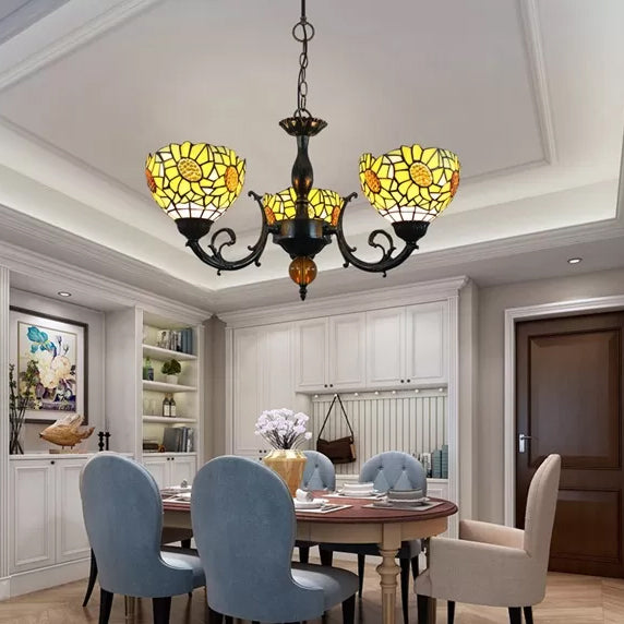 Chandeliers for Dining Room Multicolor, 6-Lights Art Glass Pendant Ceiling Lamp with Adjustable Chain Tiffany Style 3 Yellow Clearhalo 'Ceiling Lights' 'Chandeliers' 'Industrial' 'Middle Century Chandeliers' 'Tiffany Chandeliers' 'Tiffany close to ceiling' 'Tiffany' Lighting' 10320