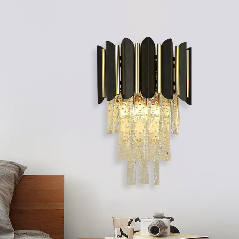 Tapered Bedside Sconce Light Fixture Modernism Crystal Block 1 Head Black Wall Mounted Lighting Black Clearhalo 'Cast Iron' 'Glass' 'Industrial' 'Modern wall lights' 'Modern' 'Tiffany' 'Traditional wall lights' 'Wall Lamps & Sconces' 'Wall Lights' Lighting' 1032000