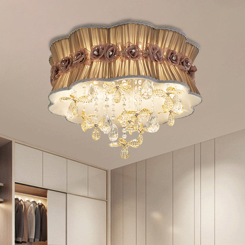 Coffee/Pink 6-Bulb Flushmount Light Nordic Faceted Crystal Final Flower Pattern Close to Ceiling Lighting with Sheer Fabric Shade Clearhalo 'Ceiling Lights' 'Close To Ceiling Lights' 'Close to ceiling' 'Flush mount' Lighting' 1032030