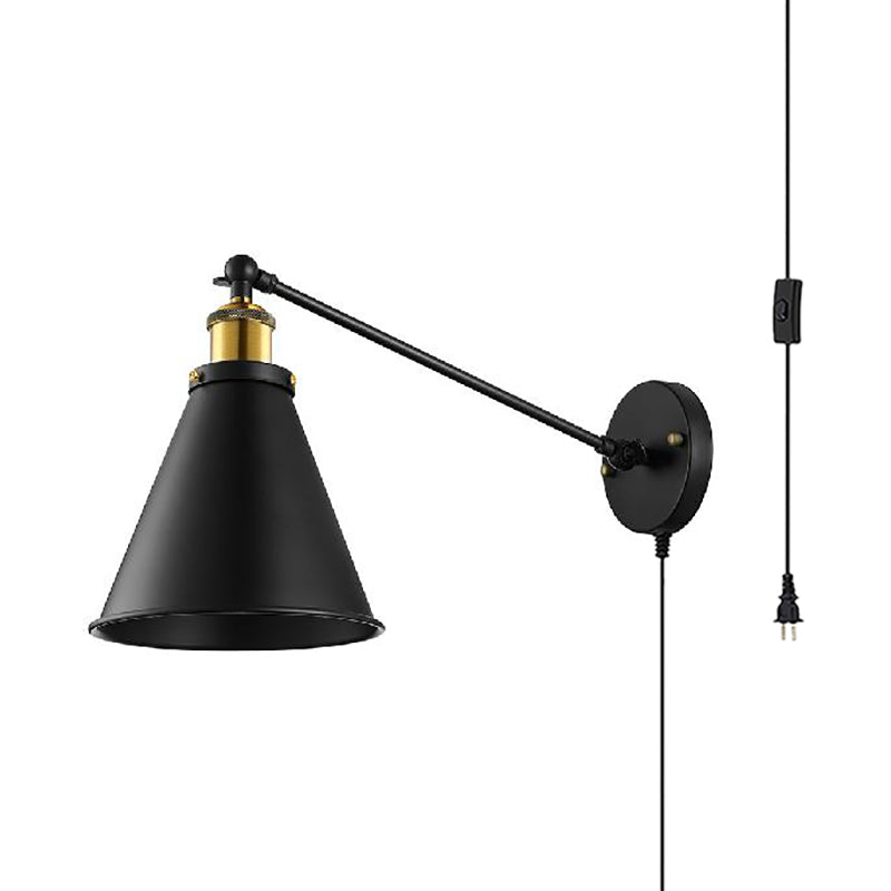 Rotatable Cone Metal Plug In Sconce Lamp with Plug-In Cord Industrial Style 1 Head Bedroom Wall Light in Black Black Clearhalo 'Art deco wall lights' 'Cast Iron' 'Glass' 'Industrial wall lights' 'Industrial' 'Middle century wall lights' 'Modern' 'Rustic wall lights' 'Tiffany' 'Traditional wall lights' 'Wall Lamps & Sconces' 'Wall Lights' Lighting' 103283