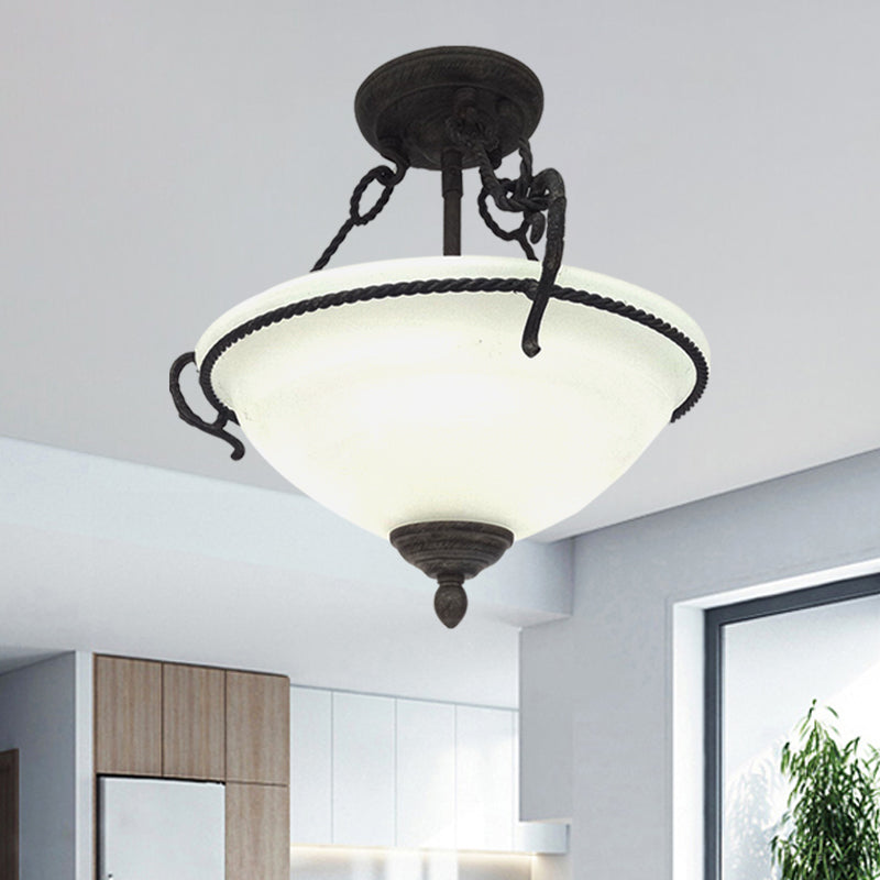 Vintage Bowl Semi-Mount Lighting 3 Lights Cream Glass Flush Chandelier with Rope Detail in Black Clearhalo 'Ceiling Lights' 'Close To Ceiling Lights' 'Close to ceiling' 'Semi-flushmount' Lighting' 1033806