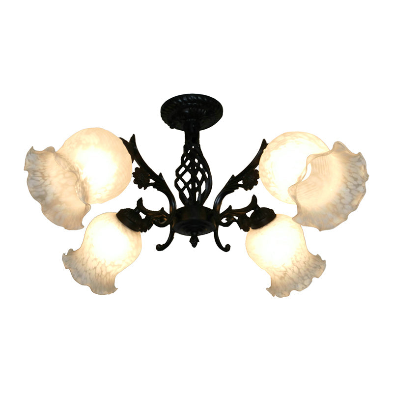 Vintage Blossom Semi-Flush Light 4 Bulbs Opal Glass Flush Chandelier in Black for Study Room Clearhalo 'Ceiling Lights' 'Close To Ceiling Lights' 'Close to ceiling' 'Semi-flushmount' Lighting' 1033818