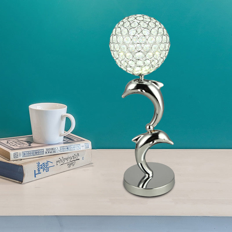 Crystal Chrome Table Light Dolphin and Globe LED Simple Nightstand Lamp for Study Room Chrome Clearhalo 'Lamps' 'Table Lamps' Lighting' 1034057