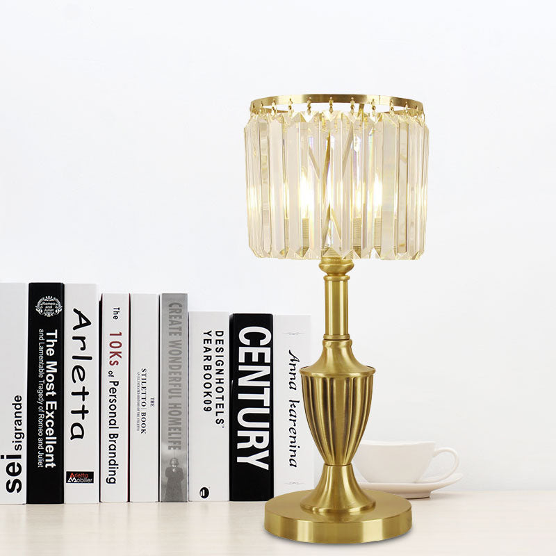 Prismatic Optical Crystal Brass Table Lamp Cylinder Shade LED Contemporary Nightstand Lamp Brass Clearhalo 'Lamps' 'Table Lamps' Lighting' 1034113