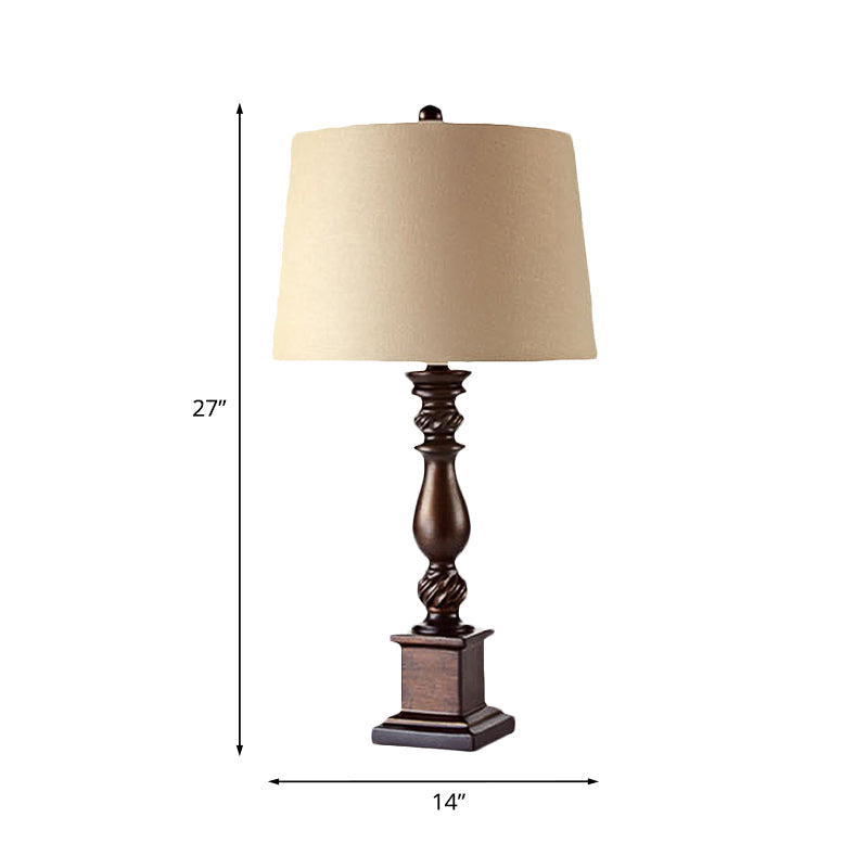 Fabric Drum Shade Night Lamp Rural 1 Bulb Bedside Table Stand Light in Red Brown, 12