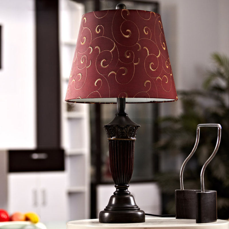 1 Head Swirl Patterned Fabric Night Lamp Rural Burgundy Tapered Living Room Table Stand Light Burgundy Clearhalo 'Lamps' 'Table Lamps' Lighting' 1034312