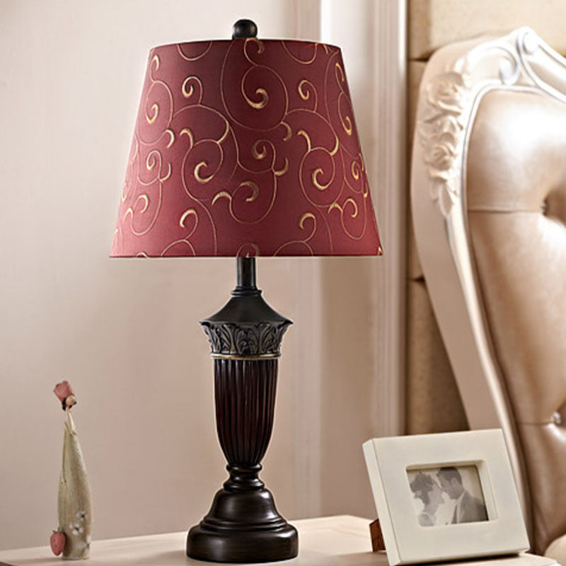 1 Head Swirl Patterned Fabric Night Lamp Rural Burgundy Tapered Living Room Table Stand Light Clearhalo 'Lamps' 'Table Lamps' Lighting' 1034313