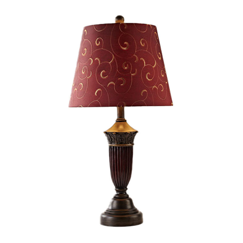 1 Head Swirl Patterned Fabric Night Lamp Rural Burgundy Tapered Living Room Table Stand Light Clearhalo 'Lamps' 'Table Lamps' Lighting' 1034314