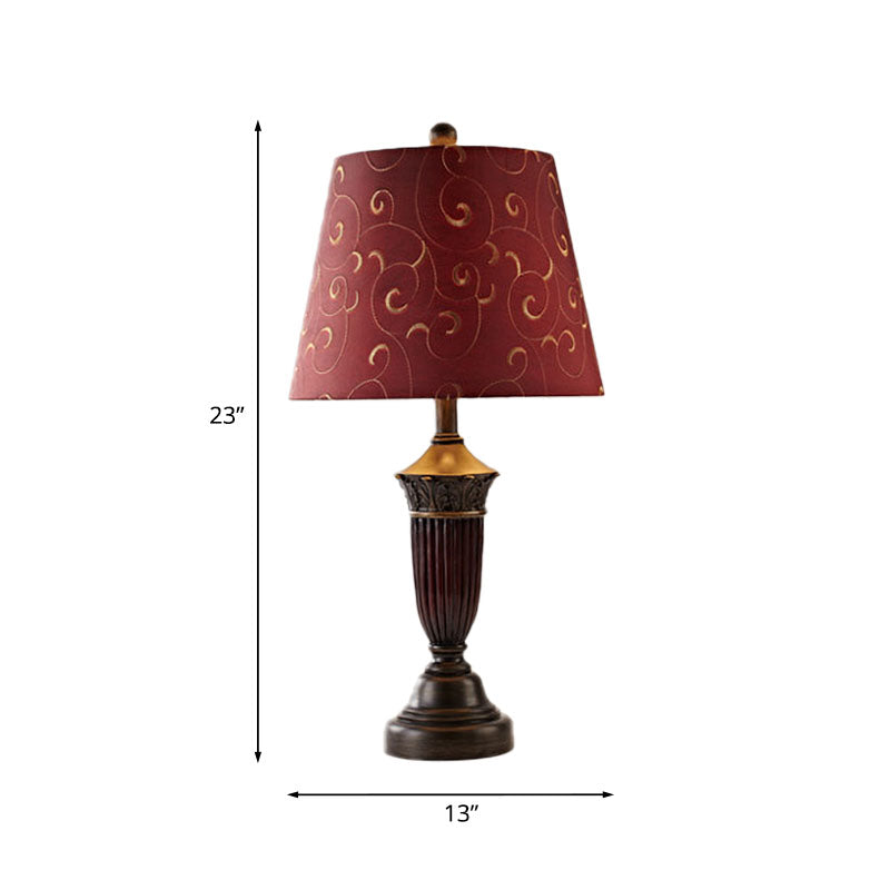1 Head Swirl Patterned Fabric Night Lamp Rural Burgundy Tapered Living Room Table Stand Light Clearhalo 'Lamps' 'Table Lamps' Lighting' 1034315