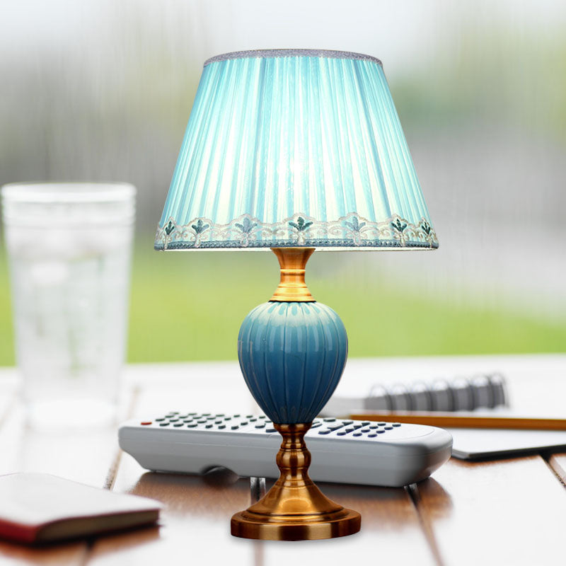 1-Light Scalloped/Tapered Night Lamp Retro Sky Blue/Light Blue Pleated/Paneled Fabric Table Lighting with Droplet Ceramic Base Sky Blue Clearhalo 'Lamps' 'Table Lamps' Lighting' 1034320