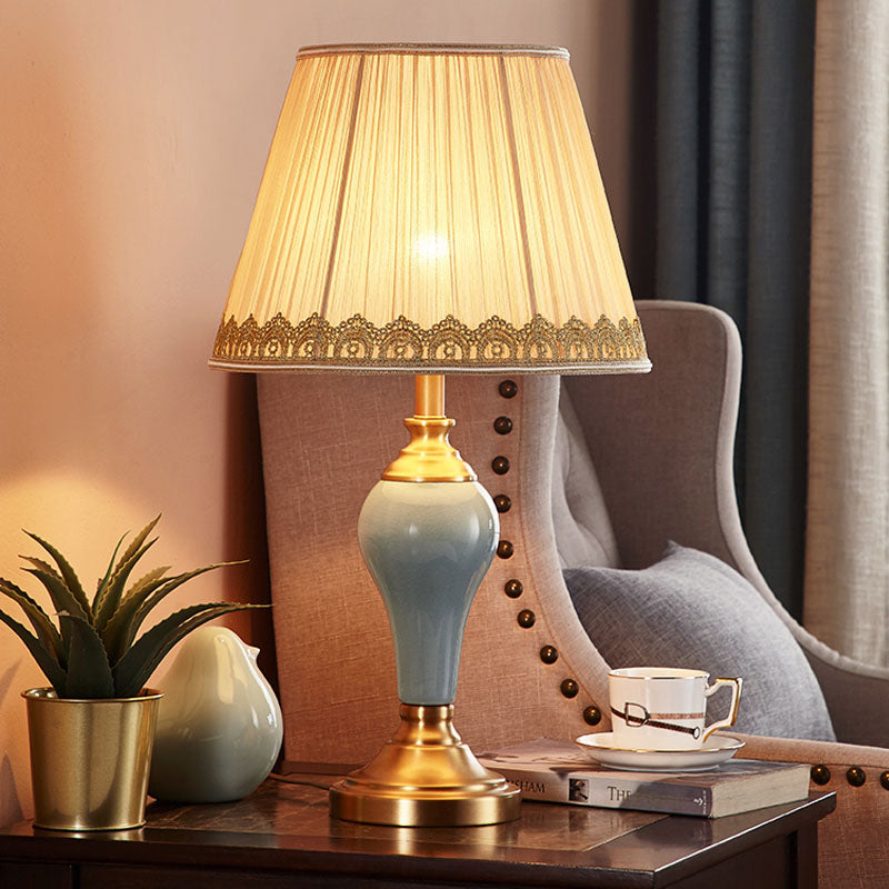 Ceramic Urn Table Lighting Vintage 1 Bulb Bedside Nightstand Light in Aqua/Beige/Silver Grey with Tapered Fabric Shade Cream Gray Clearhalo 'Lamps' 'Table Lamps' Lighting' 1034325