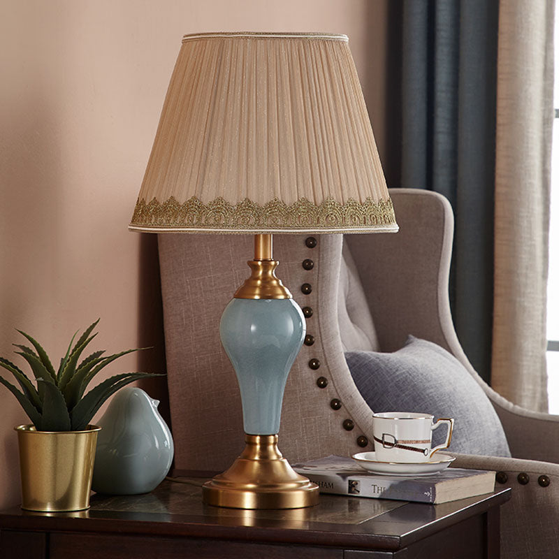 Ceramic Urn Table Lighting Vintage 1 Bulb Bedside Nightstand Light in Aqua/Beige/Silver Grey with Tapered Fabric Shade Clearhalo 'Lamps' 'Table Lamps' Lighting' 1034326