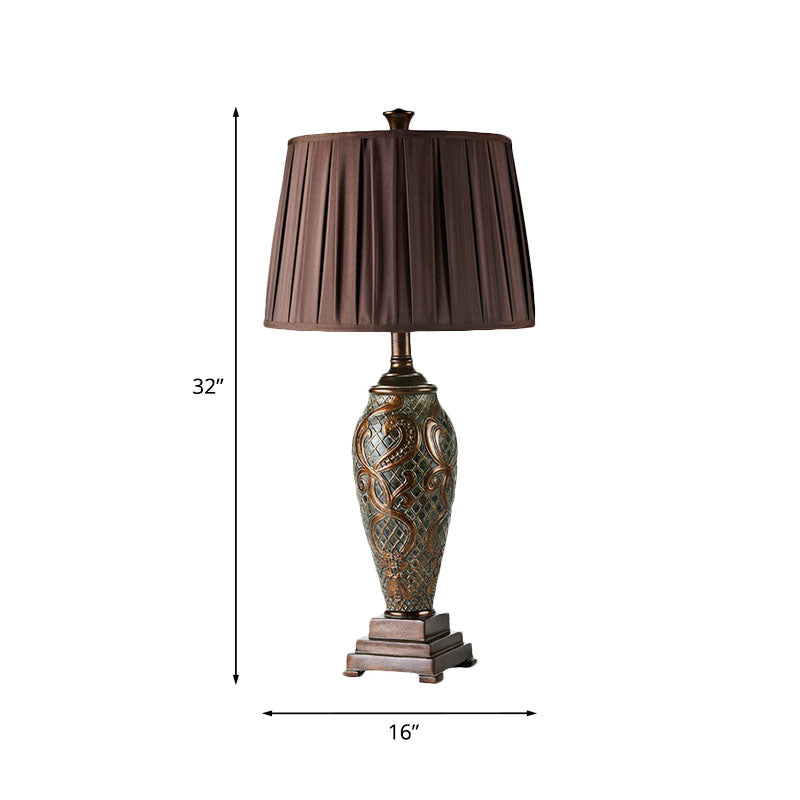 Resin Coffee Table Stand Light Urn-Base 1 Head Rustic Night Lamp with Drum Pleated Fabric Shade Clearhalo 'Lamps' 'Table Lamps' Lighting' 1034351
