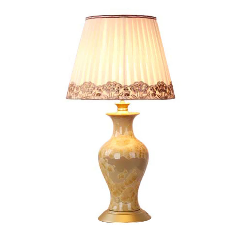 Beige Urn Night Light Rustic Ceramic 1 Head Living Room Table Lighting with Pleated Fabric Shade Clearhalo 'Lamps' 'Table Lamps' Lighting' 1034378