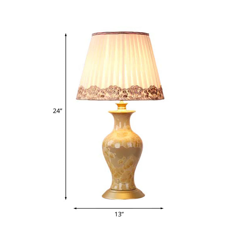 Beige Urn Night Light Rustic Ceramic 1 Head Living Room Table Lighting with Pleated Fabric Shade Clearhalo 'Lamps' 'Table Lamps' Lighting' 1034379