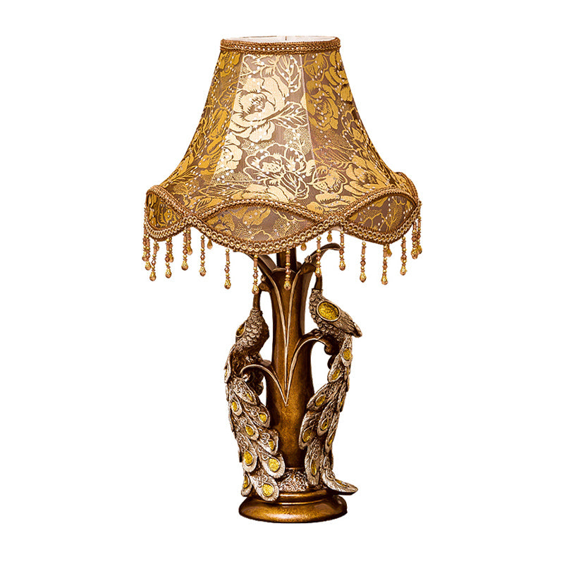 Scalloped Rose Print Fabric Table Light Traditional 1-Light Bedside Night Lamp with Peacock Decoration in Gold Clearhalo 'Lamps' 'Table Lamps' Lighting' 1034382